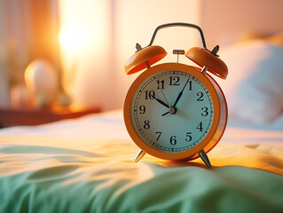 Close-up of an alarm clock on the background of a bright room, bed and window with curtains