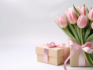 A bouquet of pink tulips stands on a white table and next to it stands a craft gift box tied with a satin ribbon. March 8, Mother's Day.