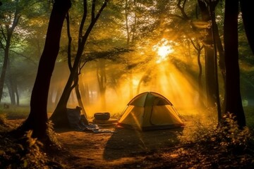 Outdoor camping amidst trees. Generative AI