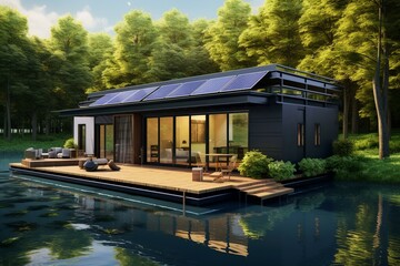 Fototapeta na wymiar House in forest made from shipping container with solar panel roof, lakeside view. Sustainability, modern, industry, exterior, beautiful, nature, environmental preservation. Generative AI