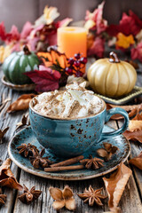 Fototapeta na wymiar Autumn pumpkin spice latte with milk and cream on wooden table