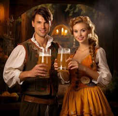 man woman holding osel beer mugs together 