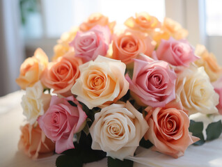 A bouquet of roses stands in a vase on a white table on March 8, Mother's Day, birthday.