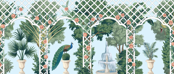 Garden with pergola, peacock, fountain, vases, roses and mural. Landscape wallpaper.
