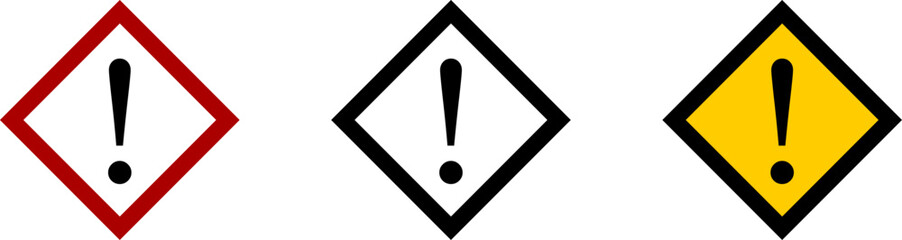 Attention Danger or Hazard Warning Sign Icon Set with Exclamation Mark and Diamond Shaped Frame. Vector Image.