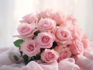 A bouquet of roses lies on a white cloth in a room on a bed. March 8, mother's day, birthday.