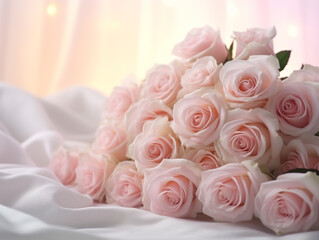 A bouquet of roses lies on a white cloth in a room on a bed. March 8, mother's day, birthday.
