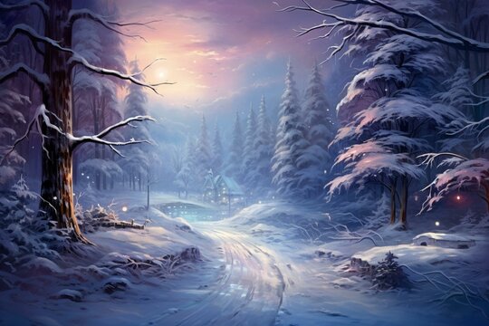 An exquisite snowy winter scene with a road, festive trees, and glowing lights, depicted in a painterly artistic manner. Generative AI
