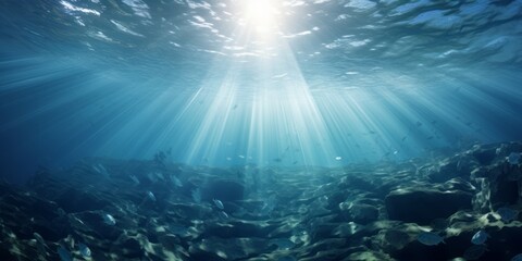 Fototapeta na wymiar An Underwater Ocean Overview with Sun Rays Illuminating the Submerged Marine World, Revealing the Aquatic Beauty and Serenity of the Deep Sea