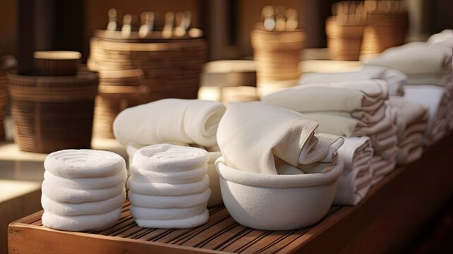 white towels in the traditional bathhouse experience. a set of white towels draped over a wooden bench, symbolizing purity and relaxation.