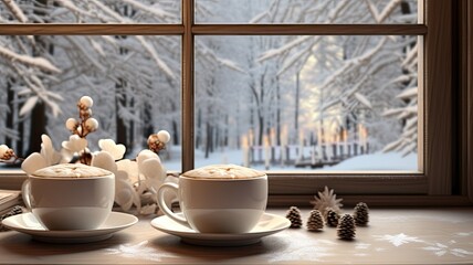 the rich colors of coffee in a clear glass mug placed near a frost-covered window. the windowsill with pine branches and red ribbons to enhance the holiday atmosphere.