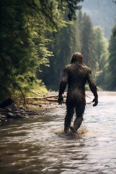 Bigfoot, also known as Sasquatch, is a legendary and elusive creature of North American folklore, often described as a large, ape-like hominid, computer Generative AI stock illustration image