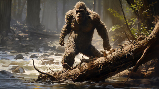 Bigfoot, also known as Sasquatch, is a legendary and elusive creature of North American folklore, often described as a large, ape-like hominid, computer Generative AI stock illustration image
