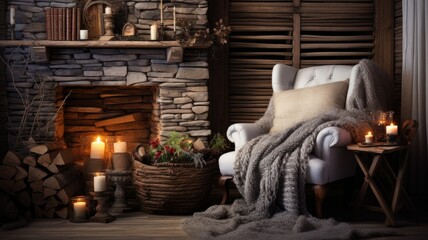 a cozy winter reading nook, vintage woven fabric over a chair or sofa. a handmade knitted blanket, a pile of books, and a warm beverage nearby. the comfort and homeliness of the scene.