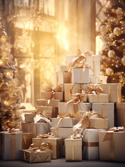 A large mountain of New Year's gifts stands in a bright room against the background of a New Year tree and garland lights. Golden Christmas gifts with bows under the Christmas tree.