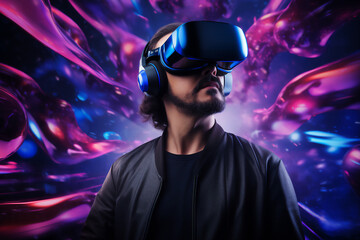 A male wearing a virtual reality headset to immersive in a digital realm where sensory feedback and interactive experiences redefine reality, computer Generative AI stock illustration image