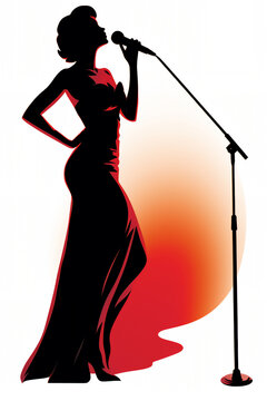 Silhouette of a female diva vocalist singing with a microphone which is used by a singer in a performance at a concert in a hall or club, Generative AI stock illustration image