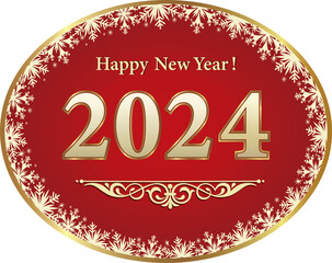 Happy New Year 2024 celebration. Christmas background in golden oval with snowflakes for festive design of card, banner, icon, cover