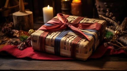 Naklejka na ściany i meble the art of gift wrapping using vintage woven fabric as wrapping paper. a beautifully wrapped Christmas gift with a hand-knitted ribbon or bow.