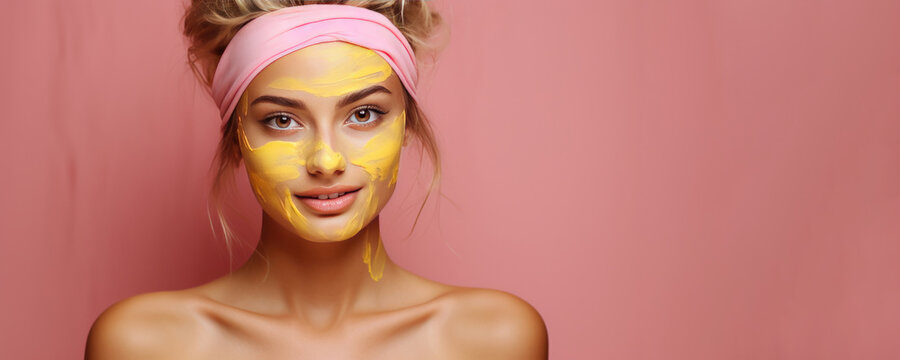 Horizontal banner. Young beautiful white blonde woman with bare shoulders, yellow cream against pink wall background. Mask for face. Headband. Concept of self-care, beauty, cosmetics. Generative AI