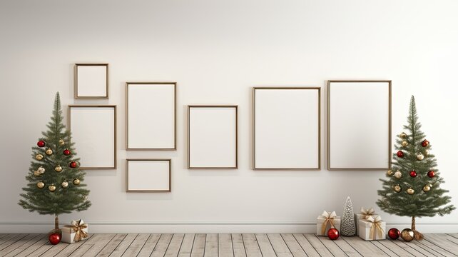 a gallery wall with empty frames against a white wall. the frames with Christmas and New Year-themed artwork or photographs.a vase of fresh fir branches on a table below to tie in the holiday spirit.