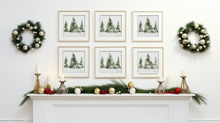 a gallery wall with empty frames against a white wall. the frames with Christmas and New Year-themed artwork or photographs.a vase of fresh fir branches on a table below to tie in the holiday spirit.