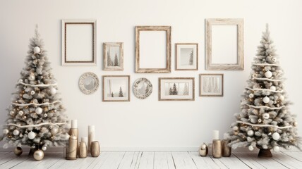 a gallery wall with empty frames against a white wall. the frames with Christmas and New Year-themed artwork or photographs.a vase of fresh fir branches on a table below to tie in the holiday spirit. - obrazy, fototapety, plakaty