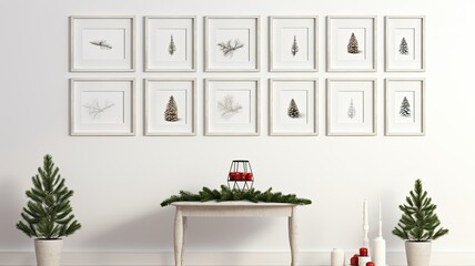 a gallery wall with empty frames against a white wall. the frames with Christmas and New Year-themed artwork or photographs.a vase of fresh fir branches on a table below to tie in the holiday spirit.