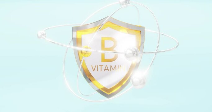 Vitamin B - shield inscription with orbiting atoms, a mineral to protect the body, Choline, Nicotinamide.