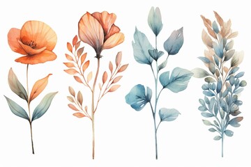 Watercolor flowers leaves dried flowers illustration. Generative AI