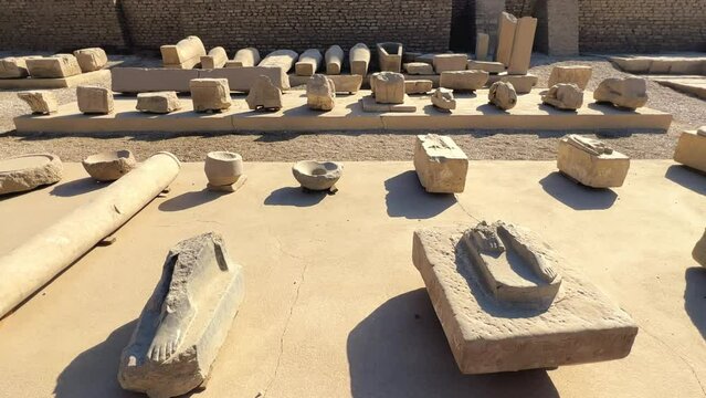 The ruins of the Egyptian temple complex Dendera. Museum in Egypt. Hathor Temple. The Denderian zodiac. The complex is a mixture of ruined temples, chapels, pylons and other buildings. Egypt 2022. 4K