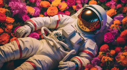 illustration, astronaut lying on a bed of roses