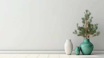 Foto op Aluminium Chinese Muur an empty white wall as a mock-up canvas, a stylish vase with green fir branches on a white table beneath the wall. This is a great way to showcase the simplicity of holiday home decor.