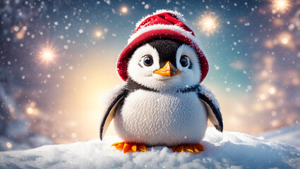 Cute cartoon penguin in a hat in a snowy meadow