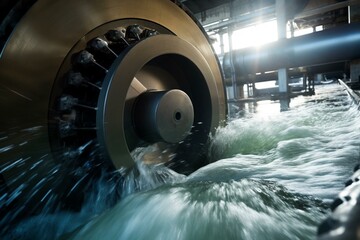Spinning turbine in hydroelectric power plant, rushing water in background. Generative AI - obrazy, fototapety, plakaty