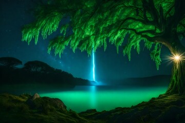 Fototapeta na wymiar Starry sky, big tree, dramatic atmosphere, island, waterfall. Sparkling lights - AI Generative