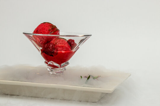 ice cream in a cup, in a white plate in a fog of liquid nitrogen 3
