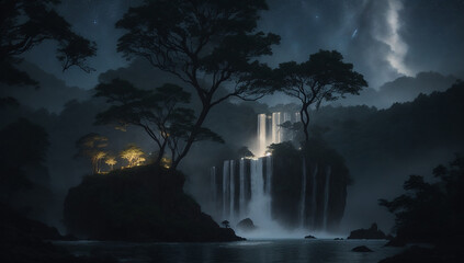 Starry sky, big tree, dramatic atmosphere, island, waterfall. Sparkling lights - AI Generative - obrazy, fototapety, plakaty