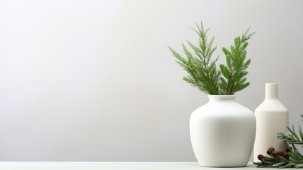 an empty white wall as a mock-up canvas, a stylish vase with green fir branches on a white table beneath the wall. This is a great way to showcase the simplicity of holiday home decor. - obrazy, fototapety, plakaty
