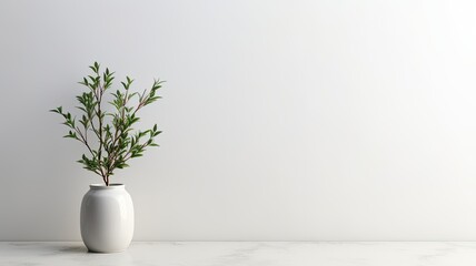 an empty white wall as a mock-up canvas, a stylish vase with green fir branches on a white table beneath the wall. This is a great way to showcase the simplicity of holiday home decor.