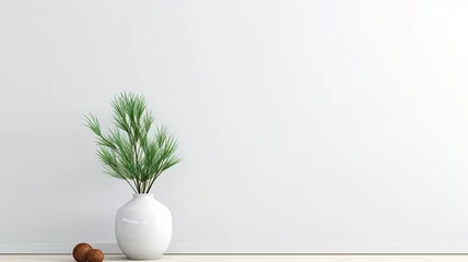 Fotobehang Chinese Muur an empty white wall as a mock-up canvas, a stylish vase with green fir branches on a white table beneath the wall. This is a great way to showcase the simplicity of holiday home decor.