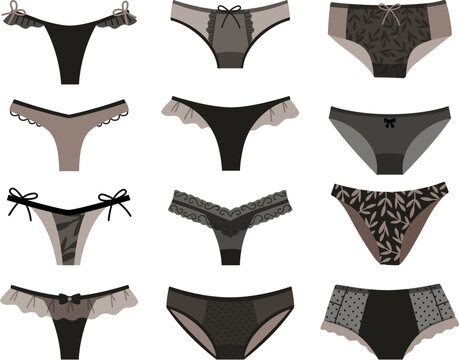 Collection of women underwear types panties, bikini, string, tanga. Underclothing vector set