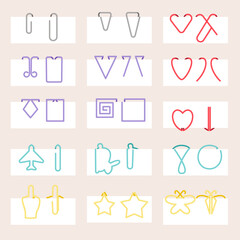 Colorful Paper clip icons set on white paper. Office paper clips in different forms