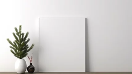Foto auf Acrylglas Chinesische Mauer an empty white wall as a mock-up canvas, a stylish vase with green fir branches on a white table beneath the wall. This is a great way to showcase the simplicity of holiday home decor.