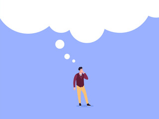 Entrepreneur bubble dream. Businessman pondering or big dreams, think about future project and business insights, guy pondering success career man guess desires vector illustration