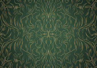 Hand-drawn unique abstract gold ornament on a green warm background, with vignette of darker background color. Paper texture. Digital artwork, A4. (pattern: p11-1a)