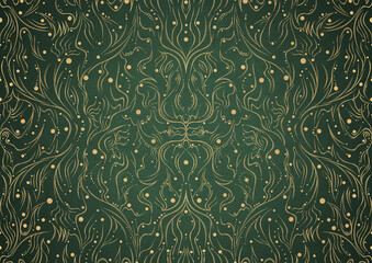 Hand-drawn unique abstract gold ornament on a green warm background, with vignette of darker background color. Paper texture. Digital artwork, A4. (pattern: p11-2a)