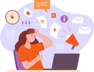 Info stress. Overwhelmed information or internet data excess, task overload head of busy working businessman tired woman from social media chaos and fake news vector illustration