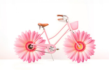 Pink bicycle with a wheels made of gerbera flowers isolated on white background. Spring or summer romantic blooming concept of love, wedding, valentine, sport, travel or transport.