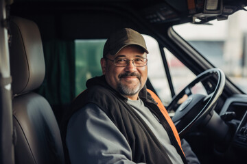 Professional truck driver looks at the camera at a portrait of an experienced man 40-60 years old behind the wheel.